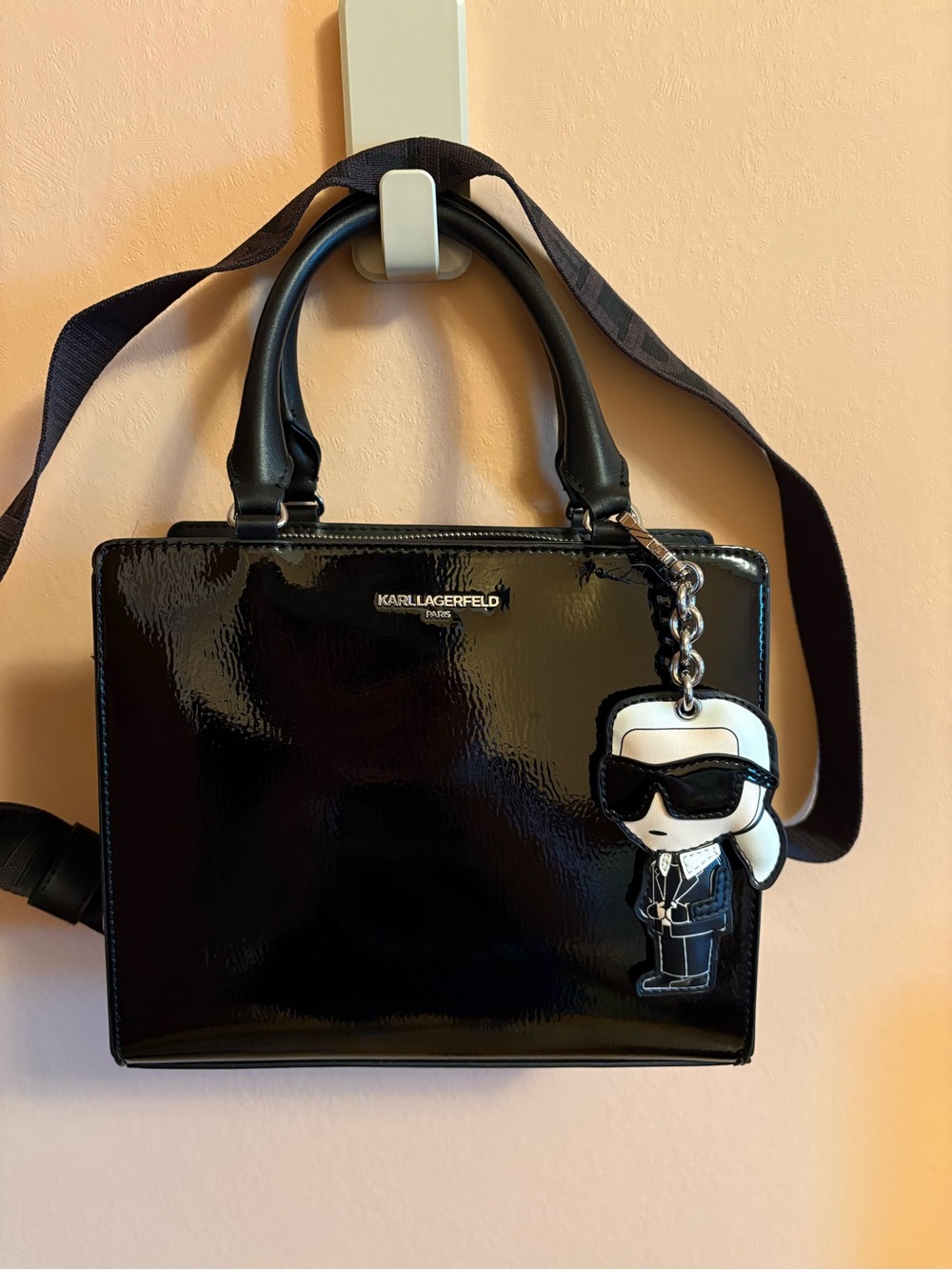Karl Lagerfeld  Black Patent Leather Satchel with Charm